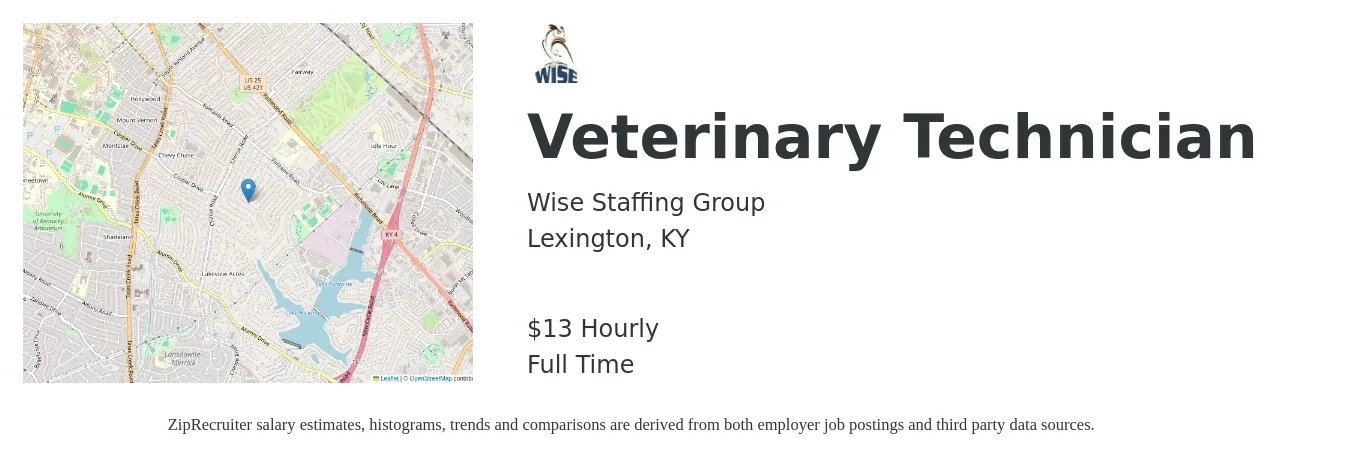 Wise Staffing Group job posting for a Veterinary Technician in Lexington, KY with a salary of $14 Hourly with a map of Lexington location.