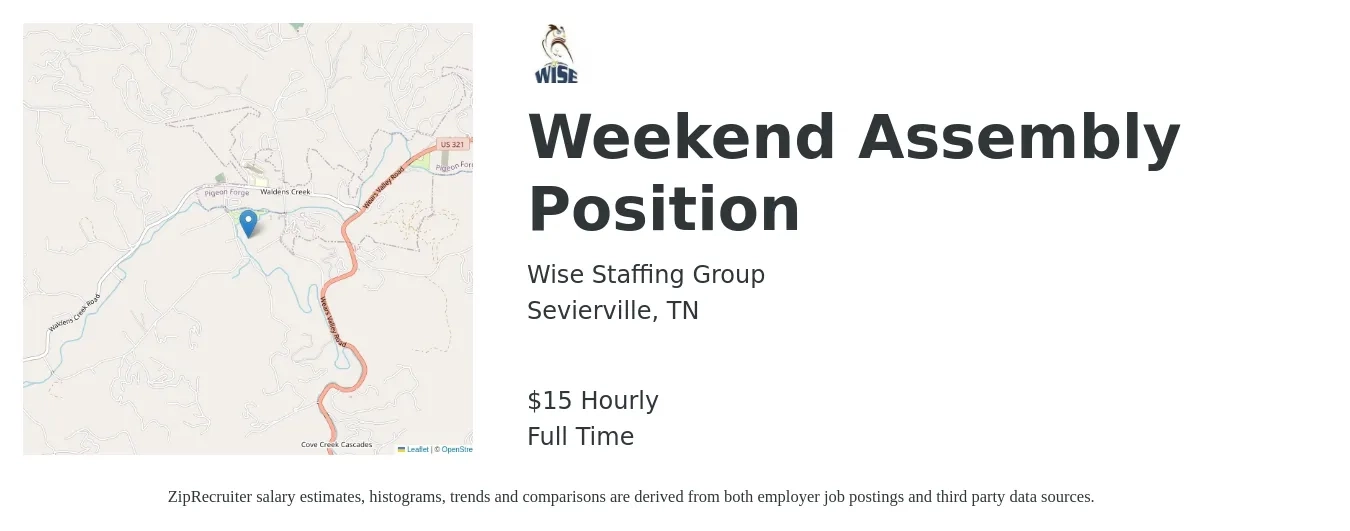 Wise Staffing Group job posting for a Weekend Assembly Position in Sevierville, TN with a salary of $16 Hourly with a map of Sevierville location.