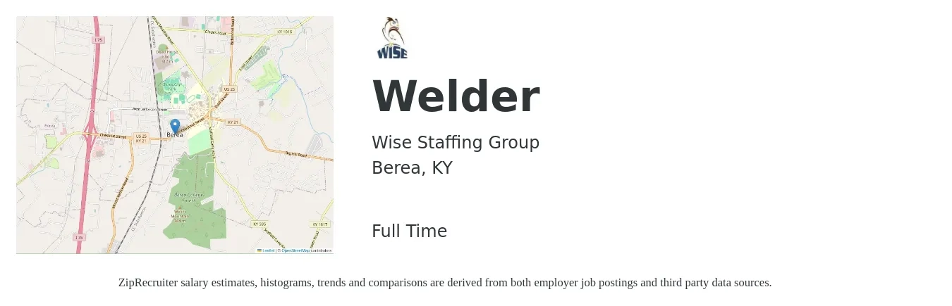 Wise Staffing Group job posting for a Welder in Berea, KY with a salary of $16 to $22 Hourly with a map of Berea location.