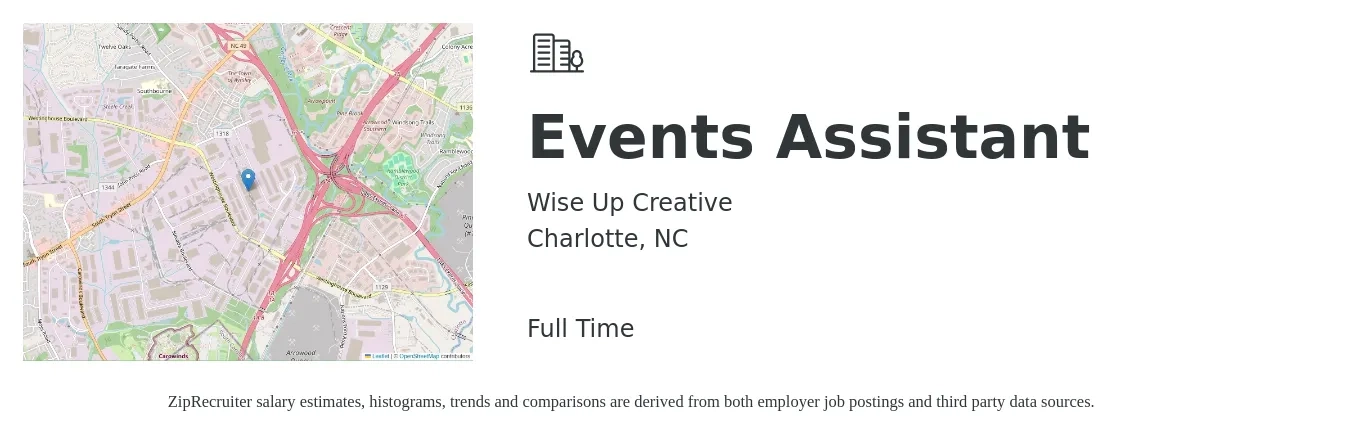 Wise Up Creative job posting for a Events Assistant in Charlotte, NC with a salary of $18 to $25 Hourly with a map of Charlotte location.