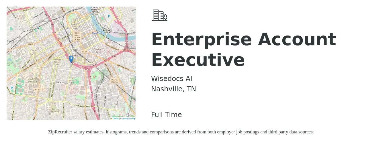 Wisedocs AI job posting for a Enterprise Account Executive in Nashville, TN with a salary of $77,300 to $130,400 Yearly with a map of Nashville location.