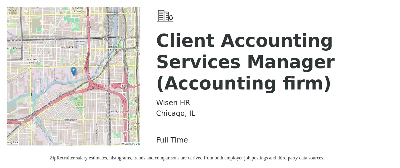 Wisen HR job posting for a Client Accounting Services Manager (Accounting firm) in Chicago, IL with a salary of $80,400 to $115,400 Yearly with a map of Chicago location.