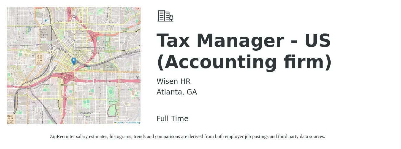 Wisen HR job posting for a Tax Manager - US (Accounting firm) in Atlanta, GA with a salary of $106,700 to $139,900 Yearly with a map of Atlanta location.