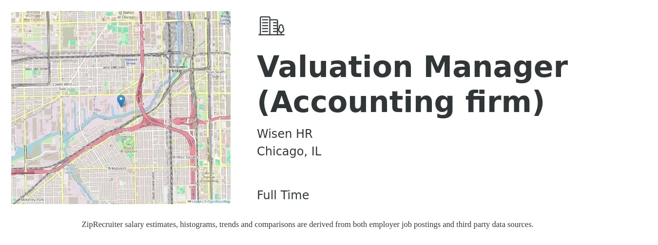 Wisen HR job posting for a Valuation Manager (Accounting firm) in Chicago, IL with a salary of $93,200 to $136,500 Yearly with a map of Chicago location.