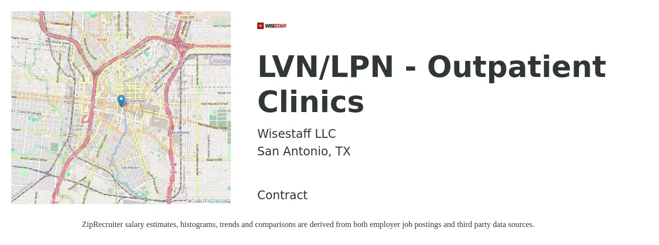 Wisestaff LLC job posting for a LVN/LPN - Outpatient Clinics in San Antonio, TX with a salary of $1,080 to $1,520 Weekly with a map of San Antonio location.