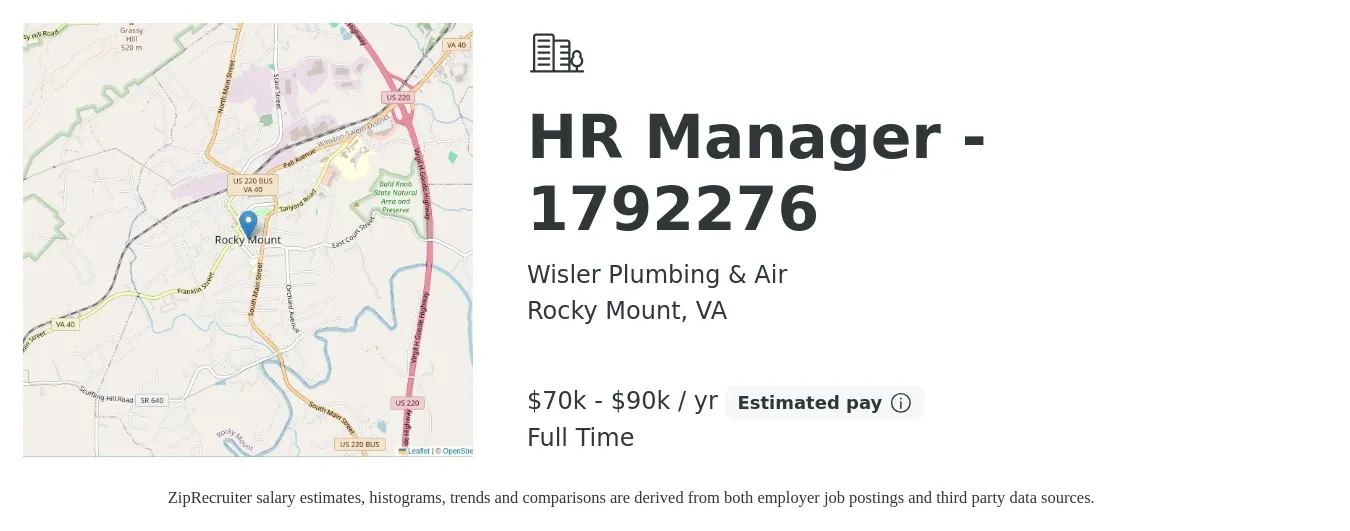Wisler Plumbing & Air job posting for a HR Manager - 1792276 in Rocky Mount, VA with a salary of $70,000 to $90,000 Yearly with a map of Rocky Mount location.
