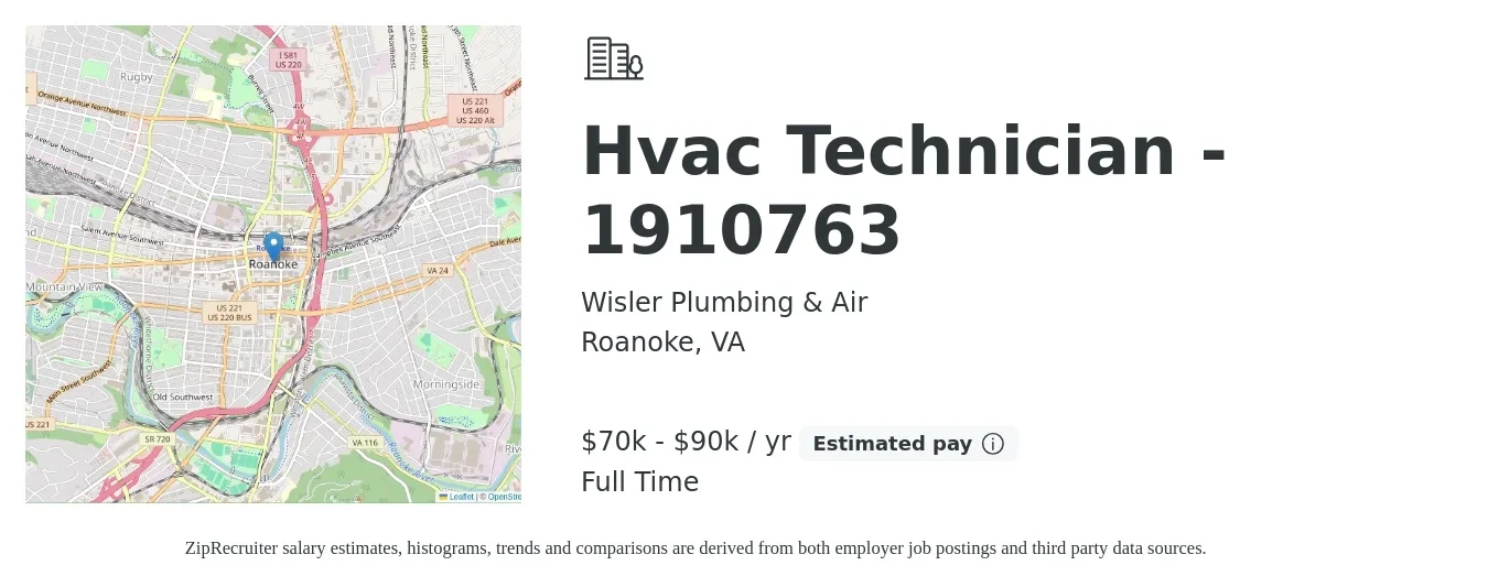 Wisler Plumbing & Air job posting for a Hvac Technician - 1910763 in Roanoke, VA with a salary of $70,000 to $90,000 Yearly with a map of Roanoke location.