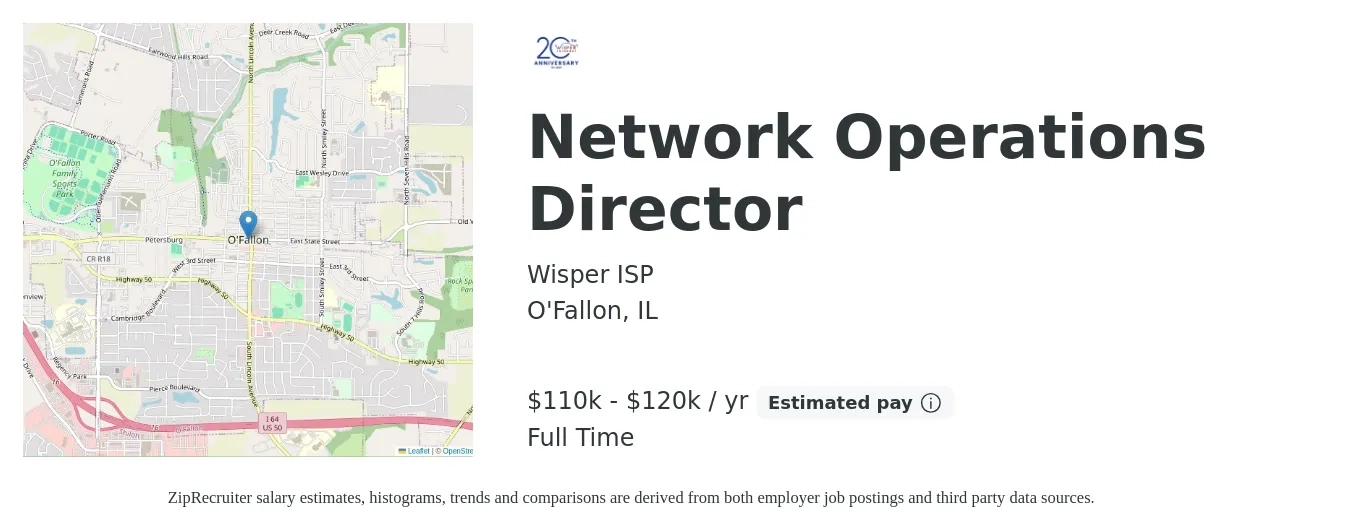 Wisper ISP job posting for a Network Operations Director in O'Fallon, IL with a salary of $110,000 to $120,000 Yearly with a map of O'Fallon location.