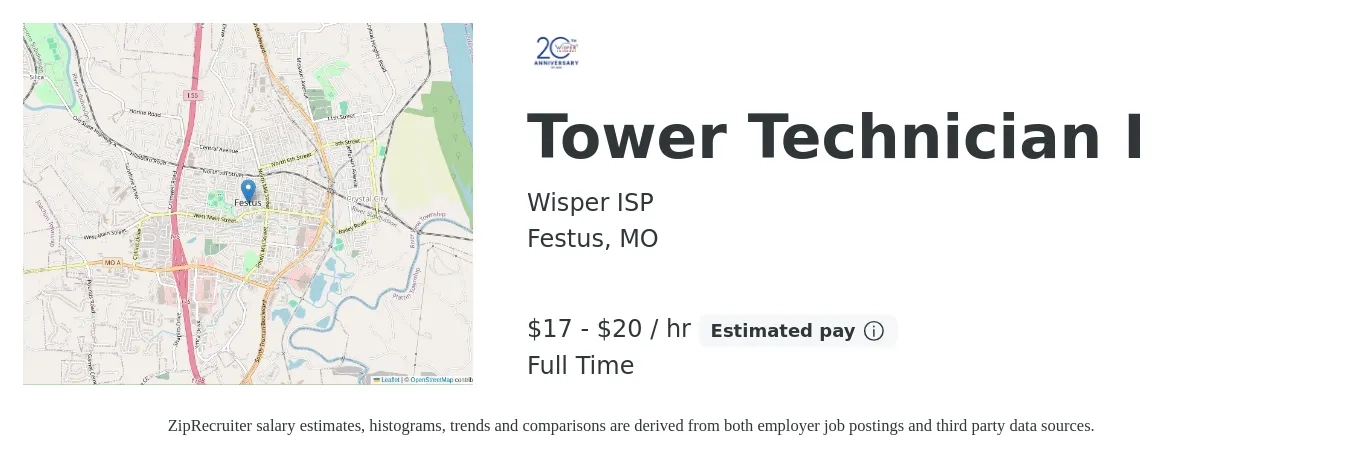 Wisper ISP job posting for a Tower Technician I in Festus, MO with a salary of $18 to $21 Hourly with a map of Festus location.