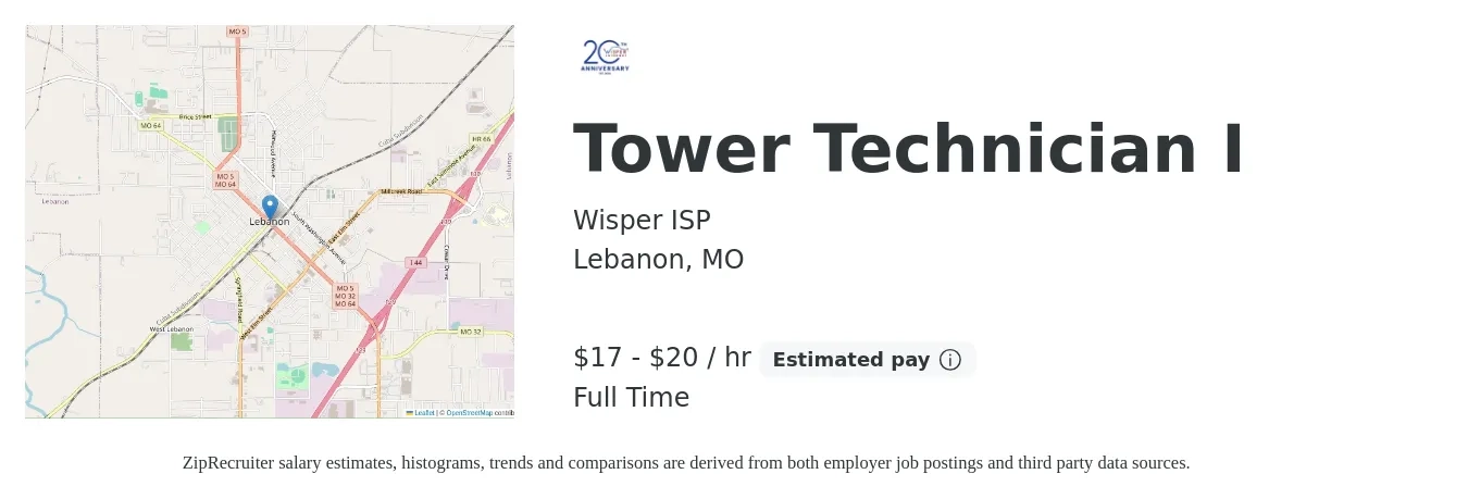 Wisper ISP job posting for a Tower Technician I in Lebanon, MO with a salary of $18 to $21 Hourly with a map of Lebanon location.