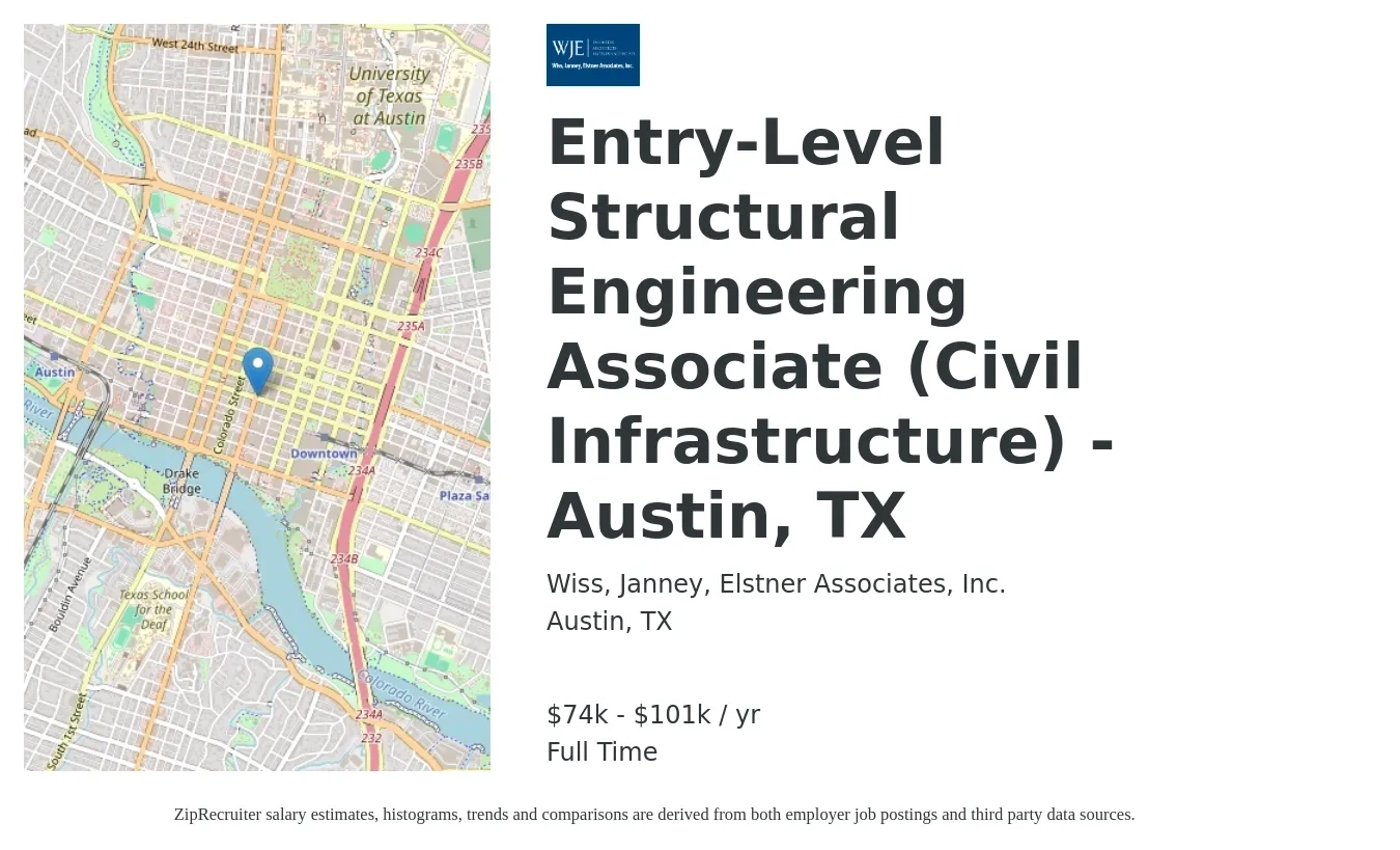 Wiss, Janney, Elstner Associates, Inc. job posting for a Entry-Level Structural Engineering Associate (Civil Infrastructure) - Austin, TX in Austin, TX with a salary of $74,800 to $101,300 Yearly with a map of Austin location.