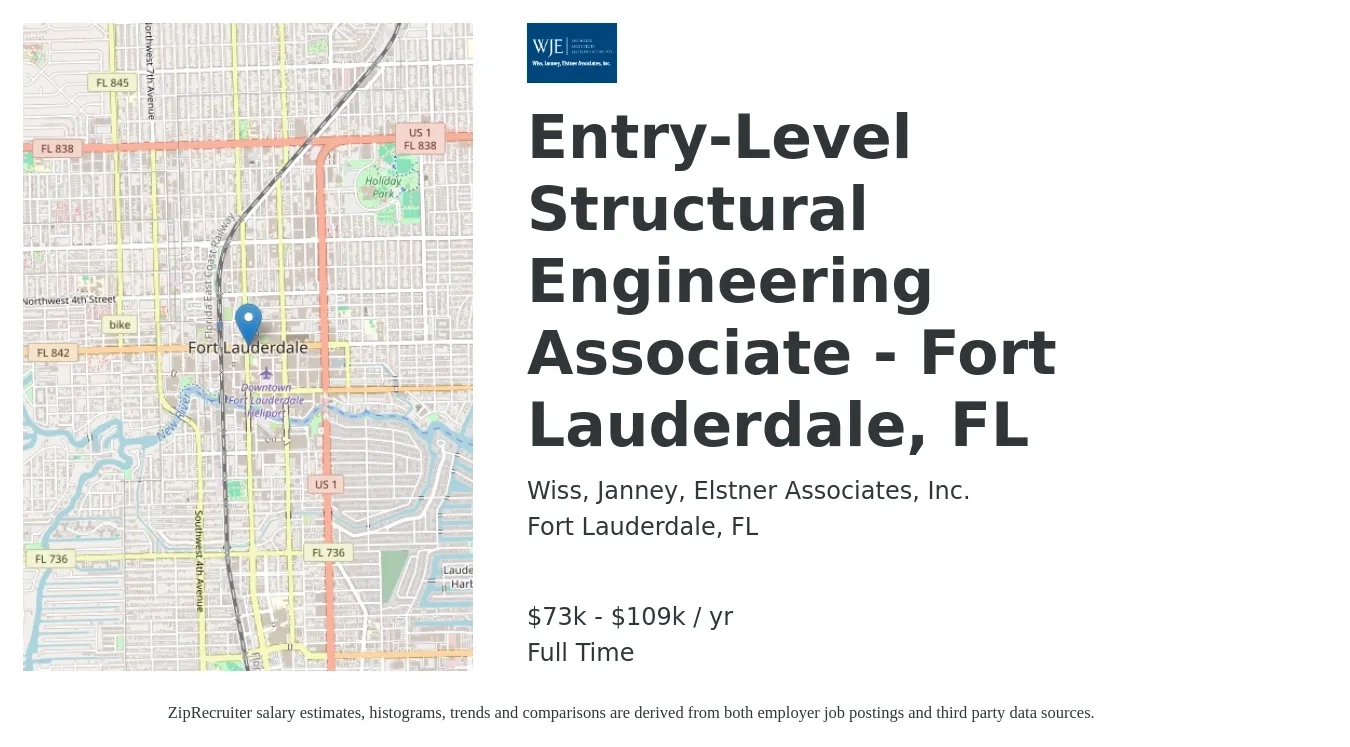 Wiss, Janney, Elstner Associates, Inc. job posting for a Entry-Level Structural Engineering Associate - Fort Lauderdale, FL in Fort Lauderdale, FL with a salary of $73,280 to $109,920 Yearly with a map of Fort Lauderdale location.