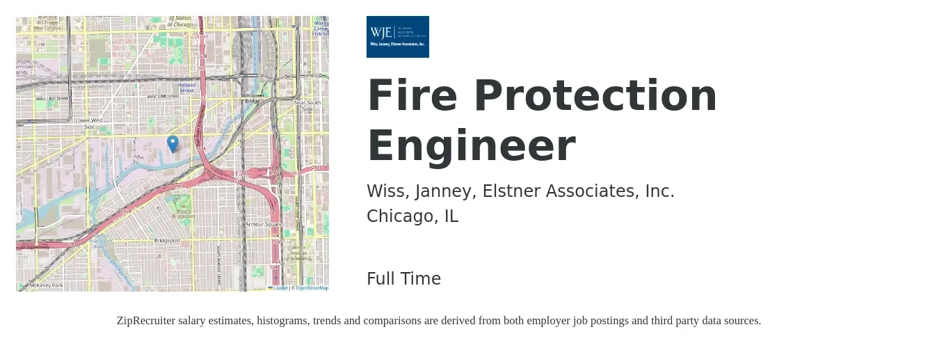Wiss, Janney, Elstner Associates, Inc. job posting for a Fire Protection Engineer in Chicago, IL with a salary of $85,600 to $115,500 Yearly with a map of Chicago location.