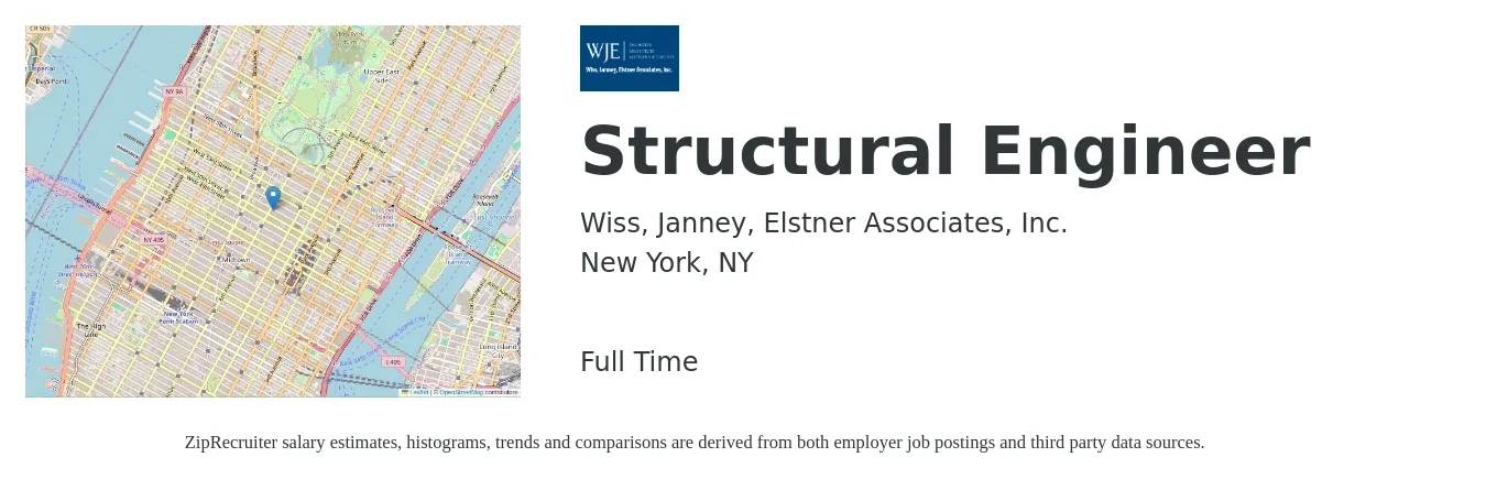 Wiss, Janney, Elstner Associates, Inc. job posting for a Structural Engineer in New York, NY with a salary of $88,100 to $124,400 Yearly with a map of New York location.