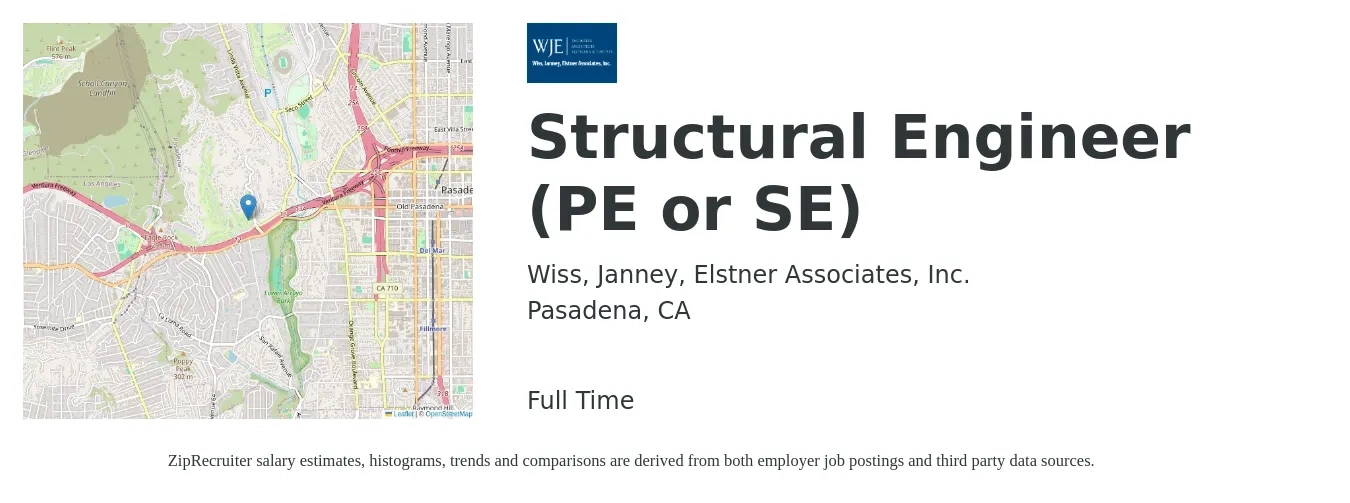 Wiss, Janney, Elstner Associates, Inc. job posting for a Structural Engineer (PE or SE) in Pasadena, CA with a salary of $87,300 to $123,300 Yearly with a map of Pasadena location.