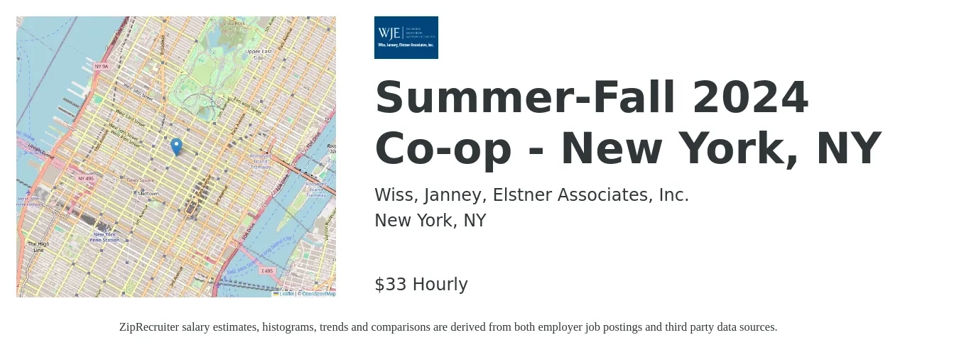 Wiss, Janney, Elstner Associates, Inc. job posting for a Summer-Fall 2024 Co-op - New York, NY in New York, NY with a salary of $35 Hourly with a map of New York location.