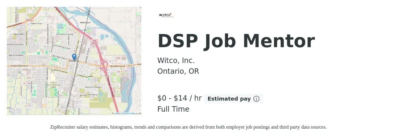 Witco, Inc. job posting for a DSP Job Mentor in Ontario, OR with a salary of $1 to $15 Hourly with a map of Ontario location.