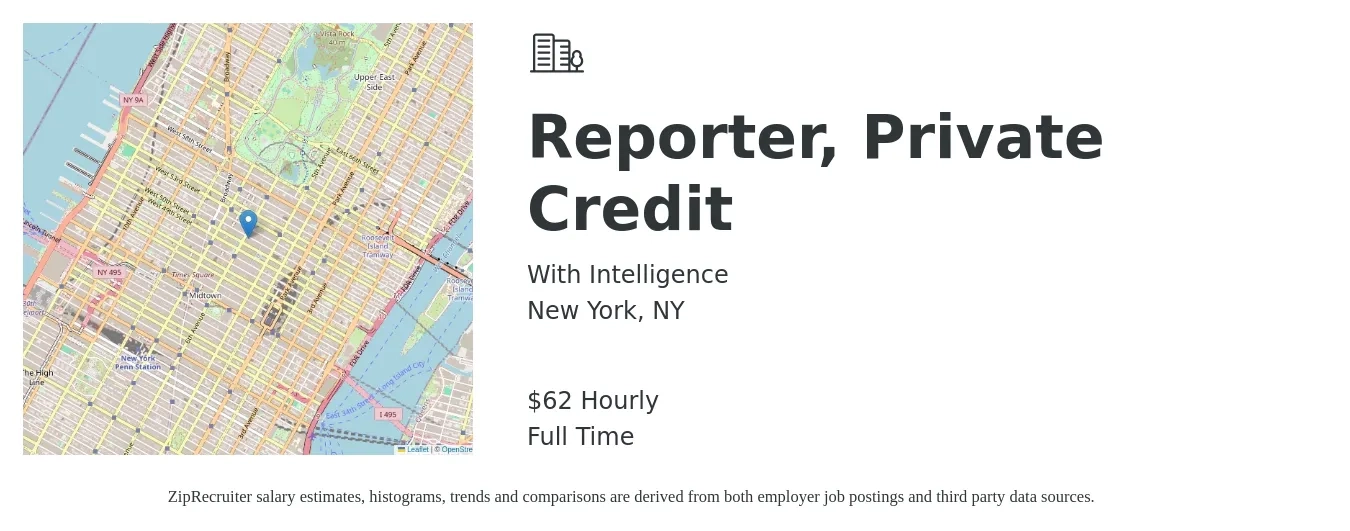 With Intelligence job posting for a Reporter, Private Credit in New York, NY with a salary of $65 Hourly with a map of New York location.