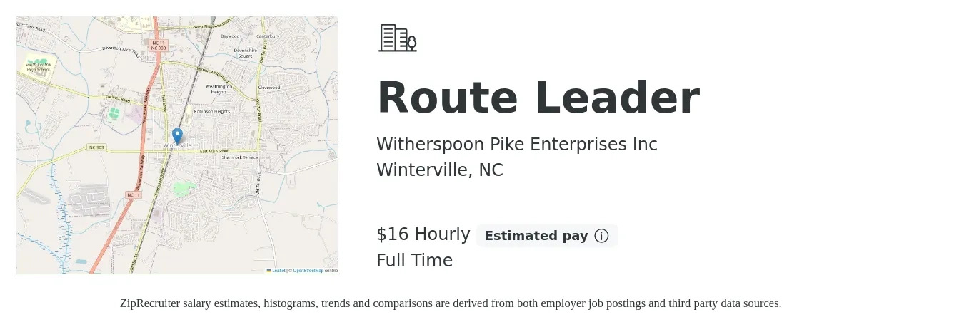 Witherspoon Pike Enterprises Inc job posting for a Route Leader in Winterville, NC with a salary of $36,400 to $53,100 Yearly with a map of Winterville location.