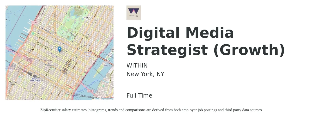 WITHIN job posting for a Digital Media Strategist (Growth) in New York, NY with a salary of $60,200 to $89,200 Yearly with a map of New York location.