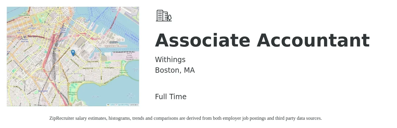 Withings job posting for a Associate Accountant in Boston, MA with a salary of $51,600 to $70,100 Yearly with a map of Boston location.