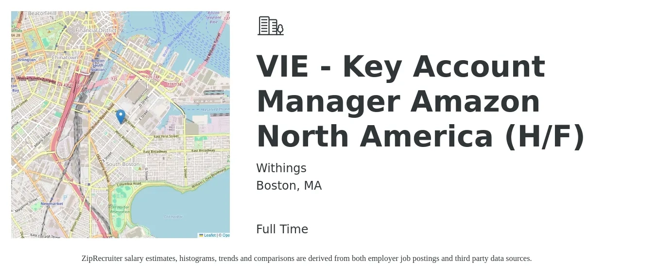 Withings job posting for a VIE - Key Account Manager Amazon North America (H/F) in Boston, MA with a salary of $79,300 to $120,600 Yearly with a map of Boston location.
