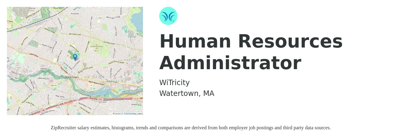 WiTricity job posting for a Human Resources Administrator in Watertown, MA with a salary of $24 to $34 Hourly with a map of Watertown location.