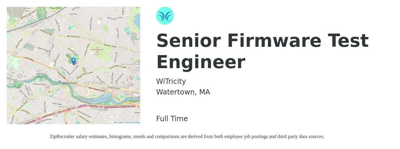 WiTricity job posting for a Senior Firmware Test Engineer in Watertown, MA with a salary of $130,000 to $171,800 Yearly with a map of Watertown location.