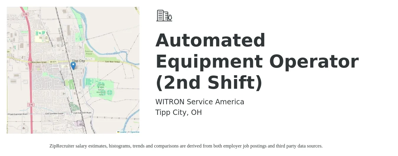 WITRON Service America job posting for a Automated Equipment Operator (2nd Shift) in Tipp City, OH with a salary of $18 to $25 Hourly with a map of Tipp City location.