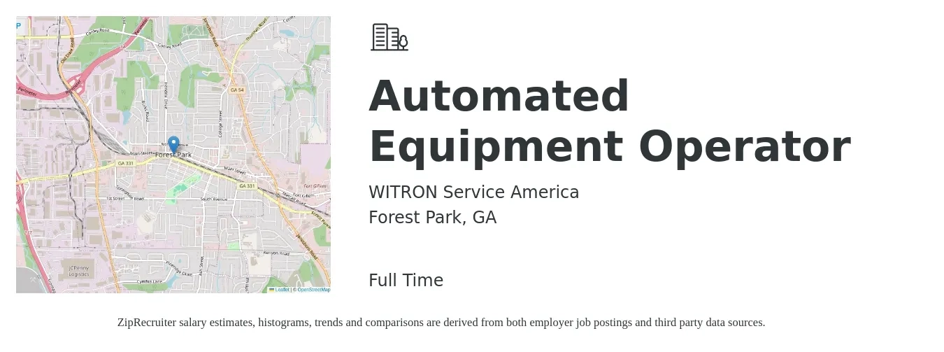 WITRON Service America job posting for a Automated Equipment Operator in Forest Park, GA with a salary of $18 to $25 Hourly with a map of Forest Park location.