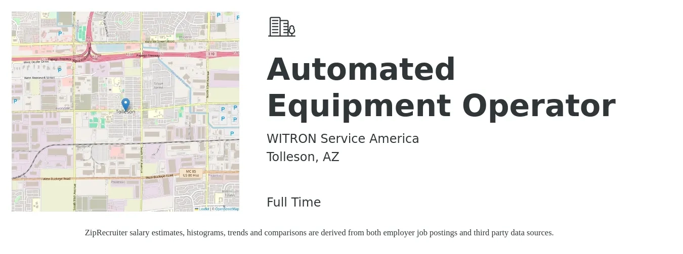 WITRON Service America job posting for a Automated Equipment Operator in Tolleson, AZ with a salary of $19 to $26 Hourly with a map of Tolleson location.