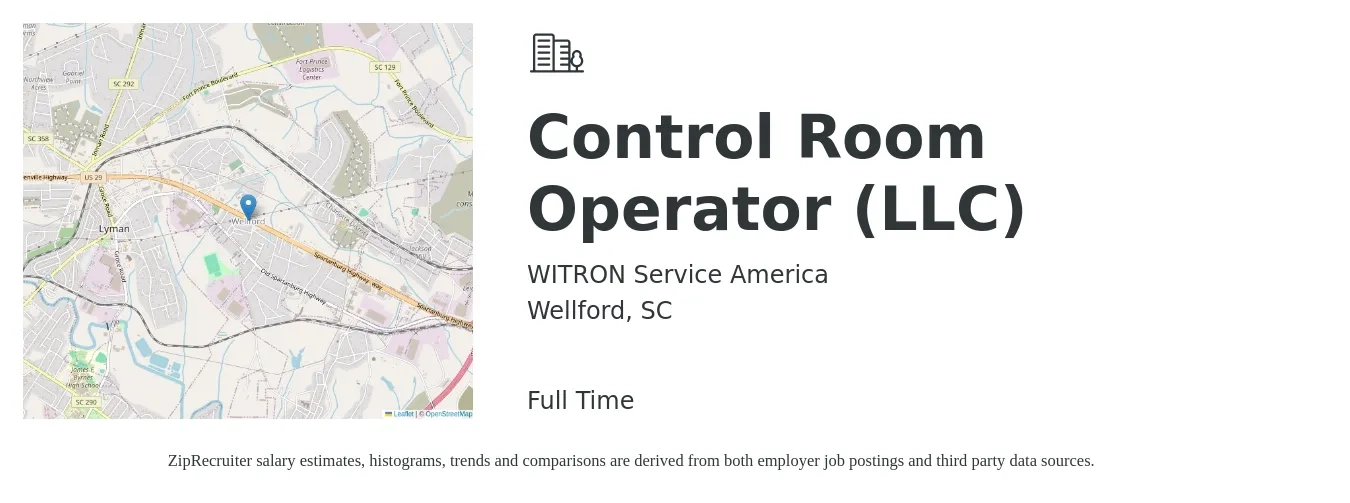 WITRON Service America job posting for a Control Room Operator (LLC) in Wellford, SC with a salary of $18 to $24 Hourly with a map of Wellford location.
