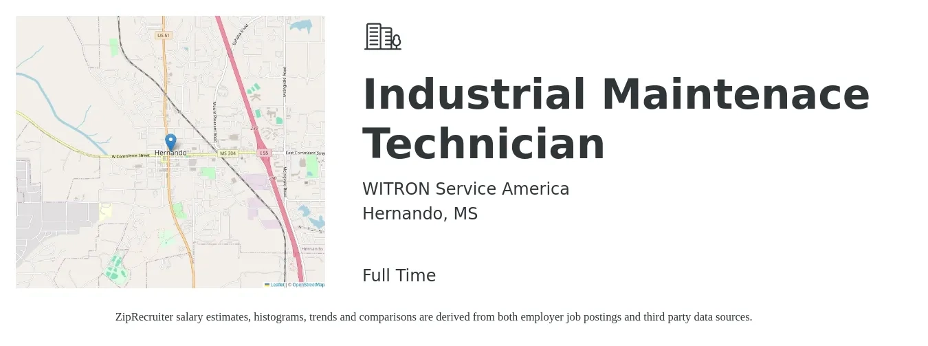 WITRON Service America job posting for a Industrial Maintenace Technician in Hernando, MS with a salary of $35,400 to $41,000 Yearly with a map of Hernando location.