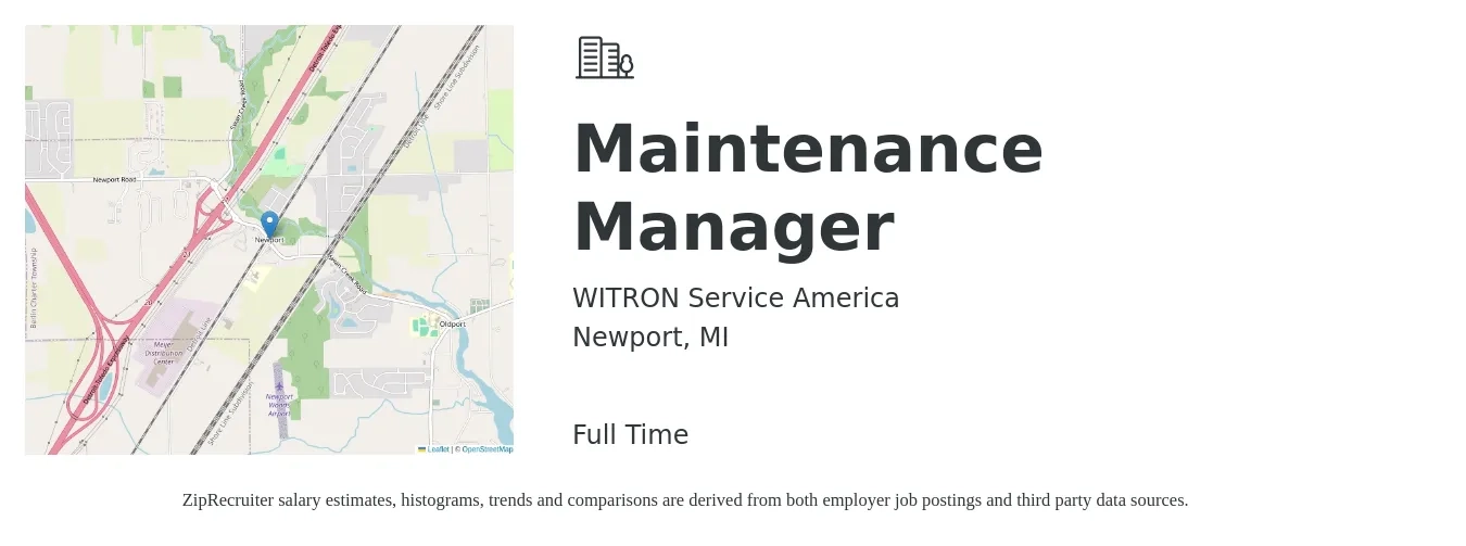 WITRON Service America job posting for a Maintenance Manager in Newport, MI with a salary of $22 to $36 Hourly with a map of Newport location.