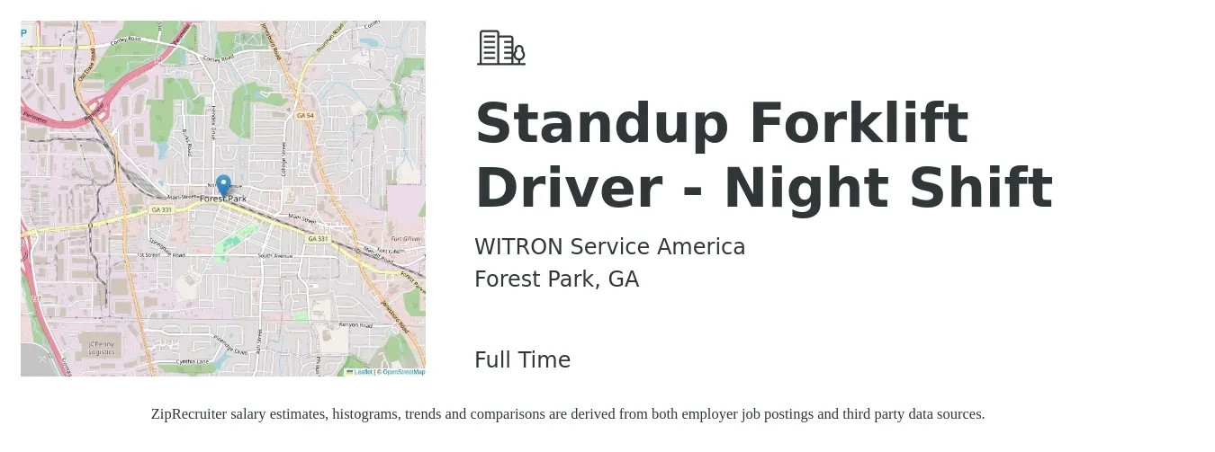 WITRON Service America job posting for a Standup Forklift Driver - Night Shift in Forest Park, GA with a salary of $16 to $19 Hourly with a map of Forest Park location.