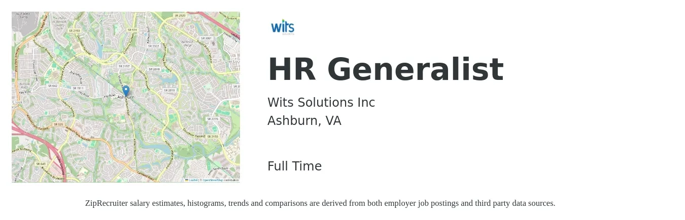 Wits Solutions Inc job posting for a HR Generalist in Ashburn, VA with a salary of $53,200 to $75,700 Yearly with a map of Ashburn location.