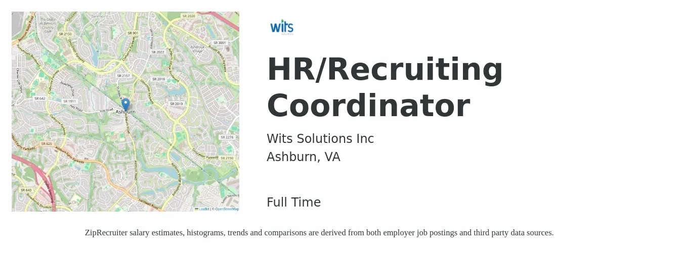 Wits Solutions Inc job posting for a HR/Recruiting Coordinator in Ashburn, VA with a salary of $20 to $27 Hourly with a map of Ashburn location.