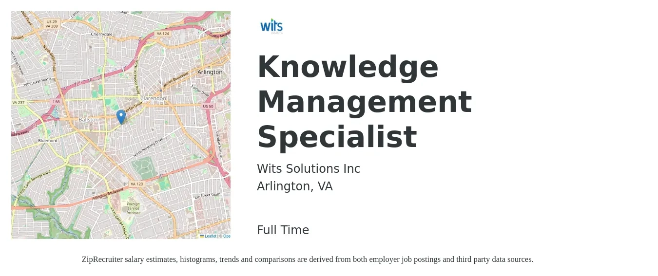 Wits Solutions Inc job posting for a Knowledge Management Specialist in Arlington, VA with a map of Arlington location.