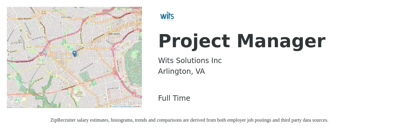 Wits Solutions Inc job posting for a Project Manager in Arlington, VA with a salary of $90,500 to $141,700 Yearly with a map of Arlington location.