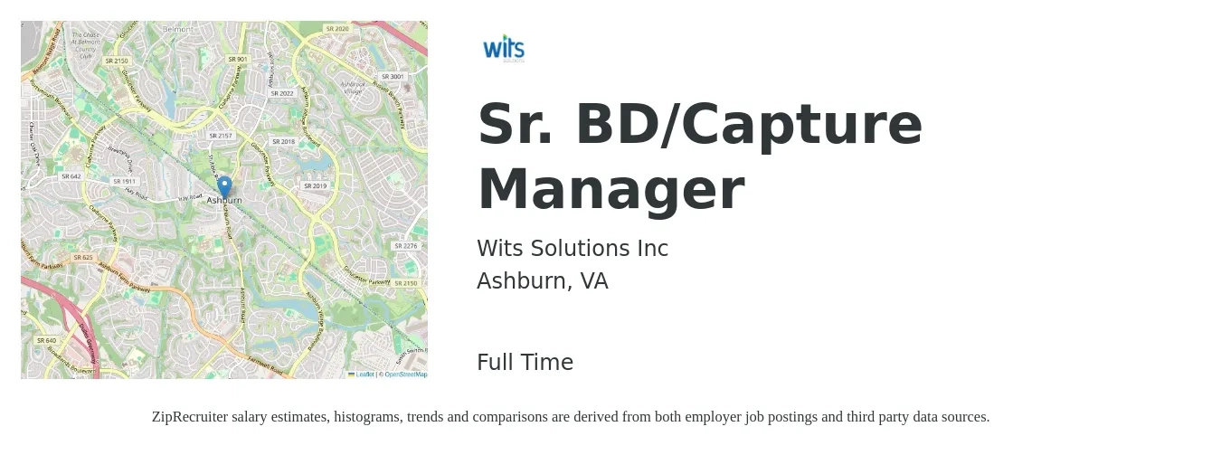 Wits Solutions Inc job posting for a Sr. BD/Capture Manager in Ashburn, VA with a salary of $59,800 to $109,900 Yearly with a map of Ashburn location.
