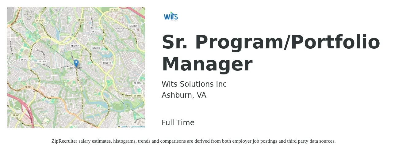 Wits Solutions Inc job posting for a Sr. Program/Portfolio Manager in Ashburn, VA with a salary of $118,600 to $119,100 Yearly with a map of Ashburn location.