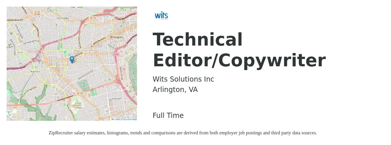 Wits Solutions Inc job posting for a Technical Editor/Copywriter in Arlington, VA with a salary of $74,900 to $117,000 Yearly with a map of Arlington location.