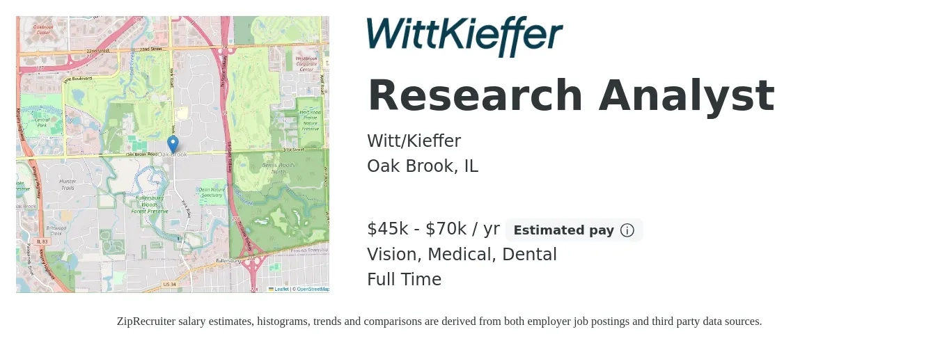 Witt/Kieffer job posting for a Research Analyst in Oak Brook, IL with a salary of $45,000 to $70,000 Yearly and benefits including pto, retirement, vision, dental, life_insurance, and medical with a map of Oak Brook location.