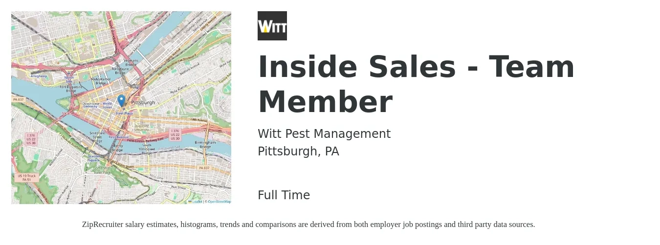 Witt Pest Management job posting for a Inside Sales - Team Member in Pittsburgh, PA with a salary of $40,000 Yearly with a map of Pittsburgh location.