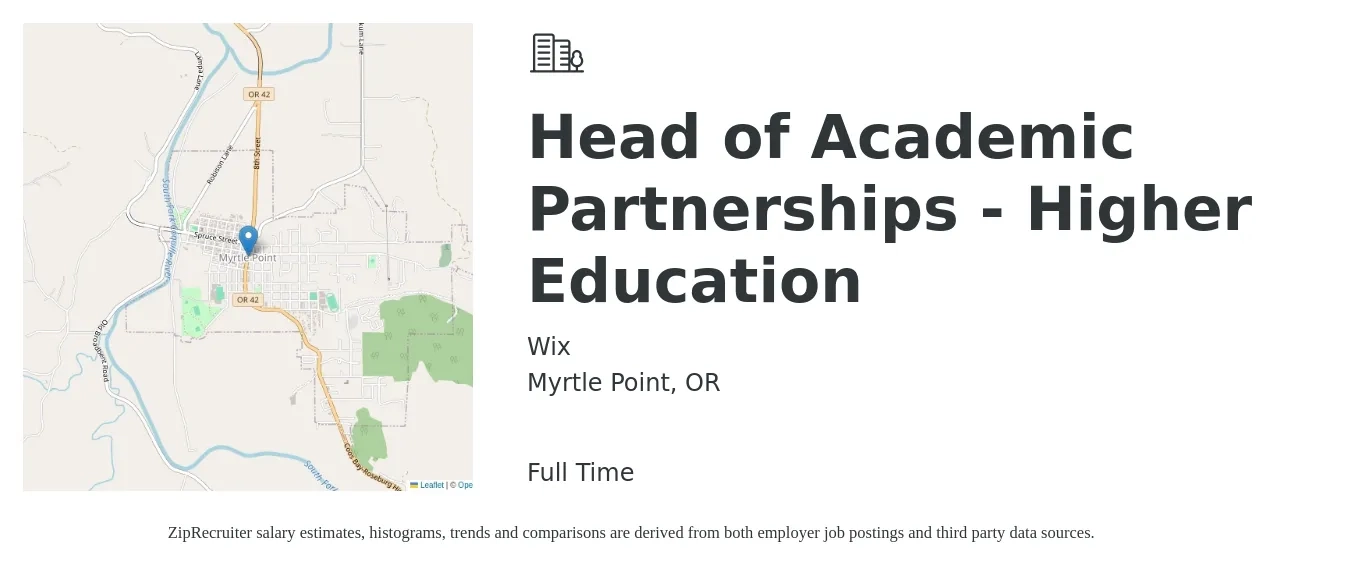 Wix job posting for a Head of Academic Partnerships - Higher Education in Myrtle Point, OR with a salary of $170,000 to $200,000 Yearly with a map of Myrtle Point location.