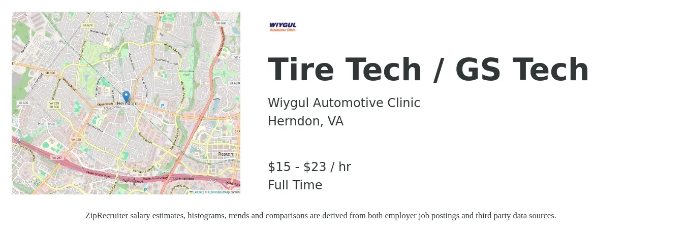 Wiygul Automotive Clinic job posting for a Tire Tech / GS Tech in Herndon, VA with a salary of $29 to $38 Hourly with a map of Herndon location.