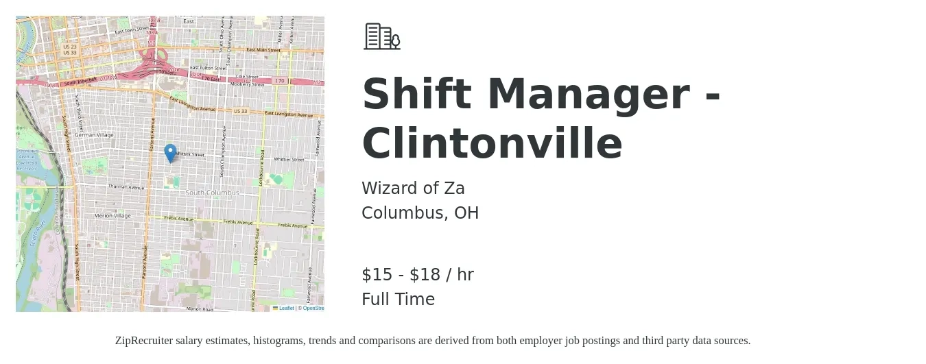 Wizard of Za job posting for a Shift Manager - Clintonville in Columbus, OH with a salary of $16 to $19 Hourly with a map of Columbus location.