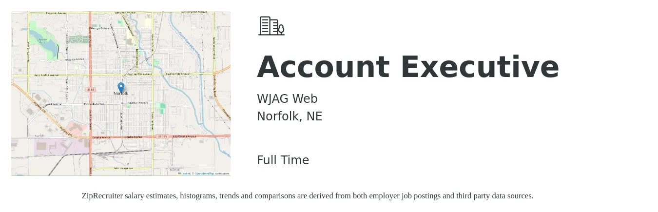 WJAG Web job posting for a Account Executive in Norfolk, NE with a salary of $53,200 to $93,600 Yearly with a map of Norfolk location.