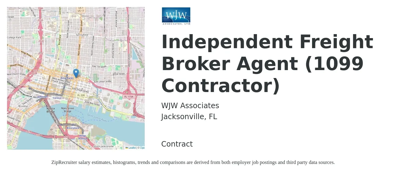 WJW Associates job posting for a Independent Freight Broker Agent (1099 Contractor) in Jacksonville, FL with a salary of $44,500 to $69,500 Yearly with a map of Jacksonville location.