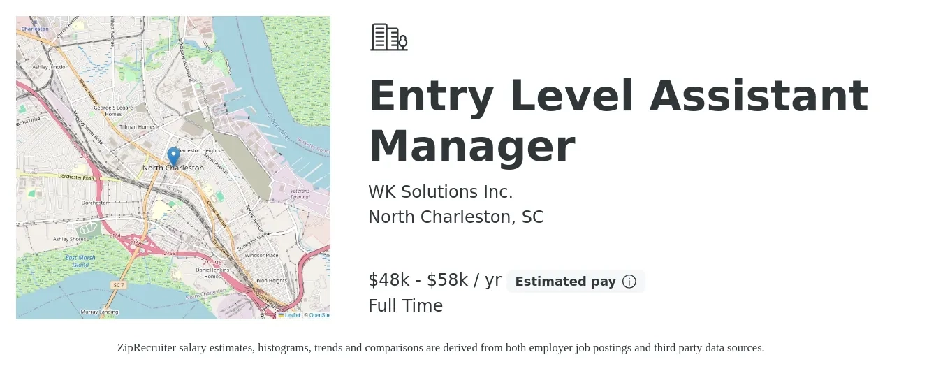 WK Solutions Inc. job posting for a Entry Level Assistant Manager in North Charleston, SC with a salary of $48,000 to $58,000 Yearly with a map of North Charleston location.